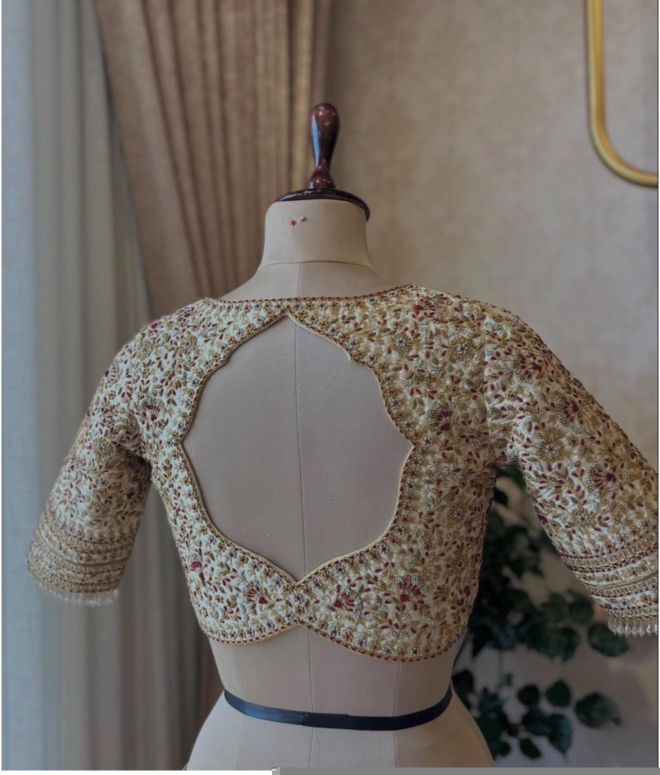 pure silk hand embroidery wedding blouse/saree maggam blouse/beige zardosi blouse/golden bridal blouse /ready made hand embroidered blouse