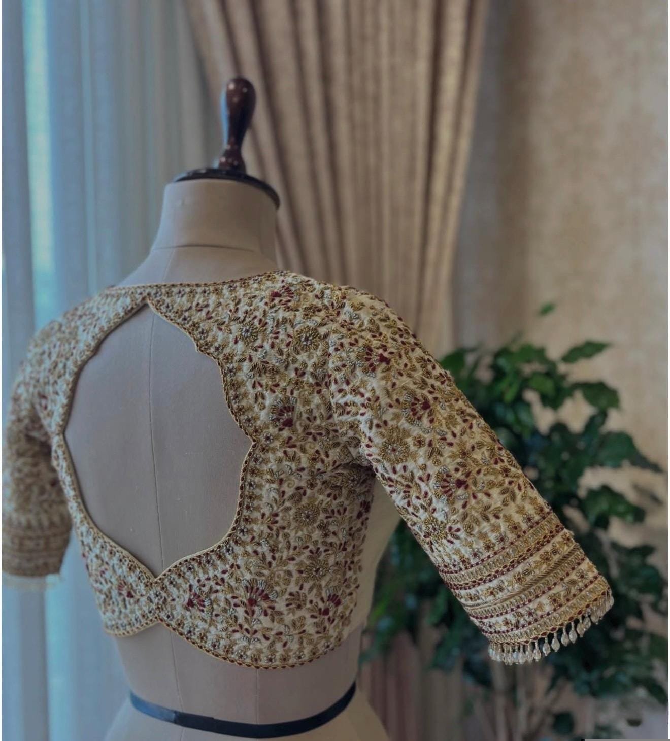 pure silk hand embroidery wedding blouse/saree maggam blouse/beige zardosi blouse/golden bridal blouse /ready made hand embroidered blouse