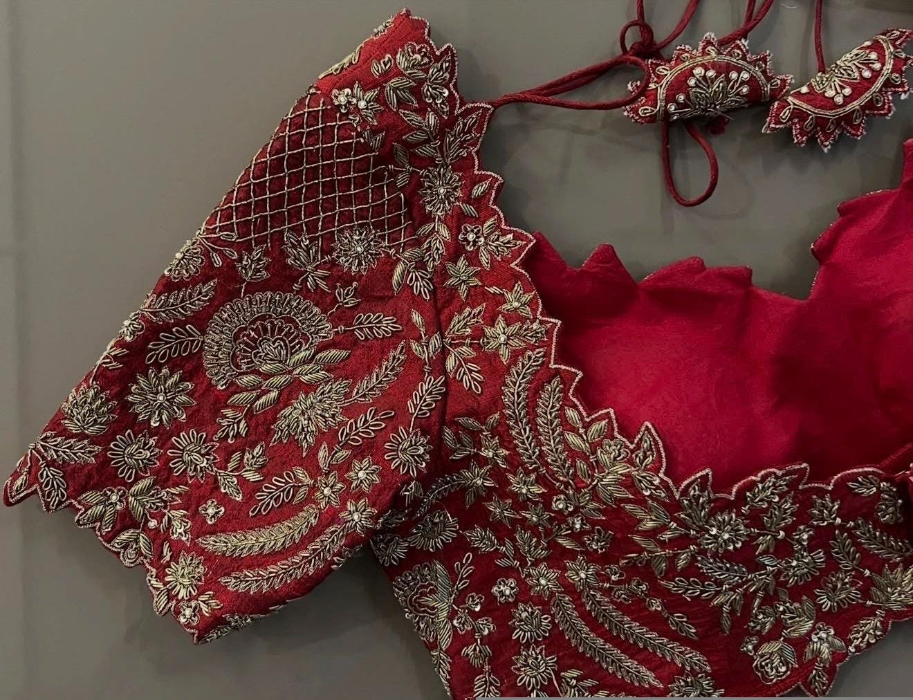 pure silk hand embroidery bridal blouse/ maggam blouse/red bridal zardosi blouse/red hand embroidered blouse/heavy embroidery wedding blouse