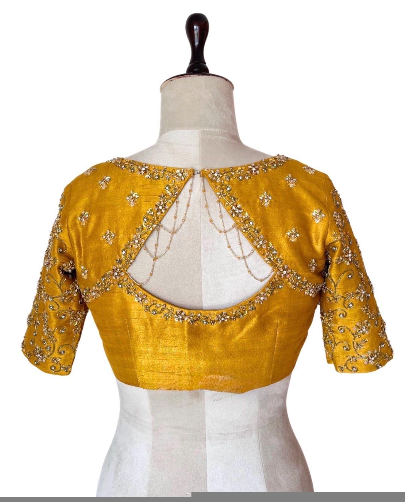 pure silk hand embroidery blouse/saree maggam blouse/yellow zardosi blouse/hand embroidered blouse/mustard yellow ready made blouse zardosi