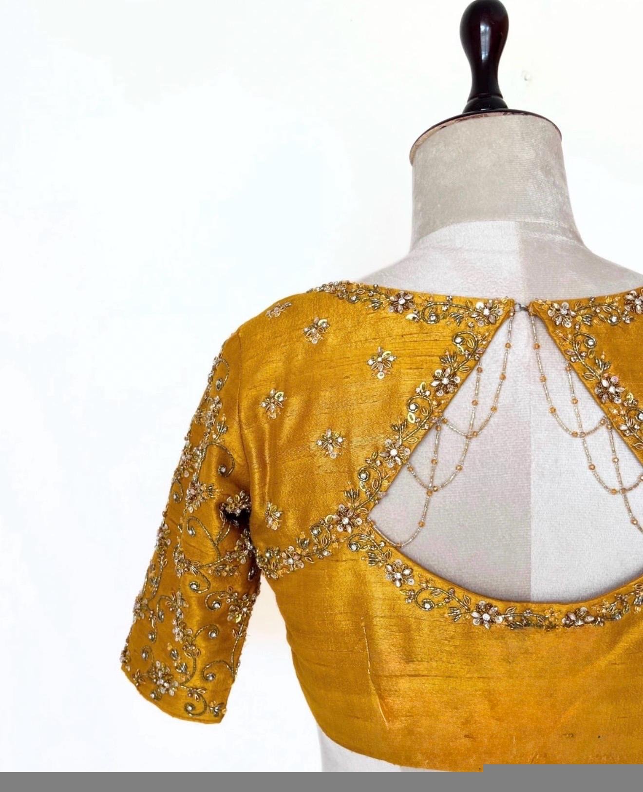 pure silk hand embroidery blouse/saree maggam blouse/yellow zardosi blouse/hand embroidered blouse/mustard yellow ready made blouse zardosi