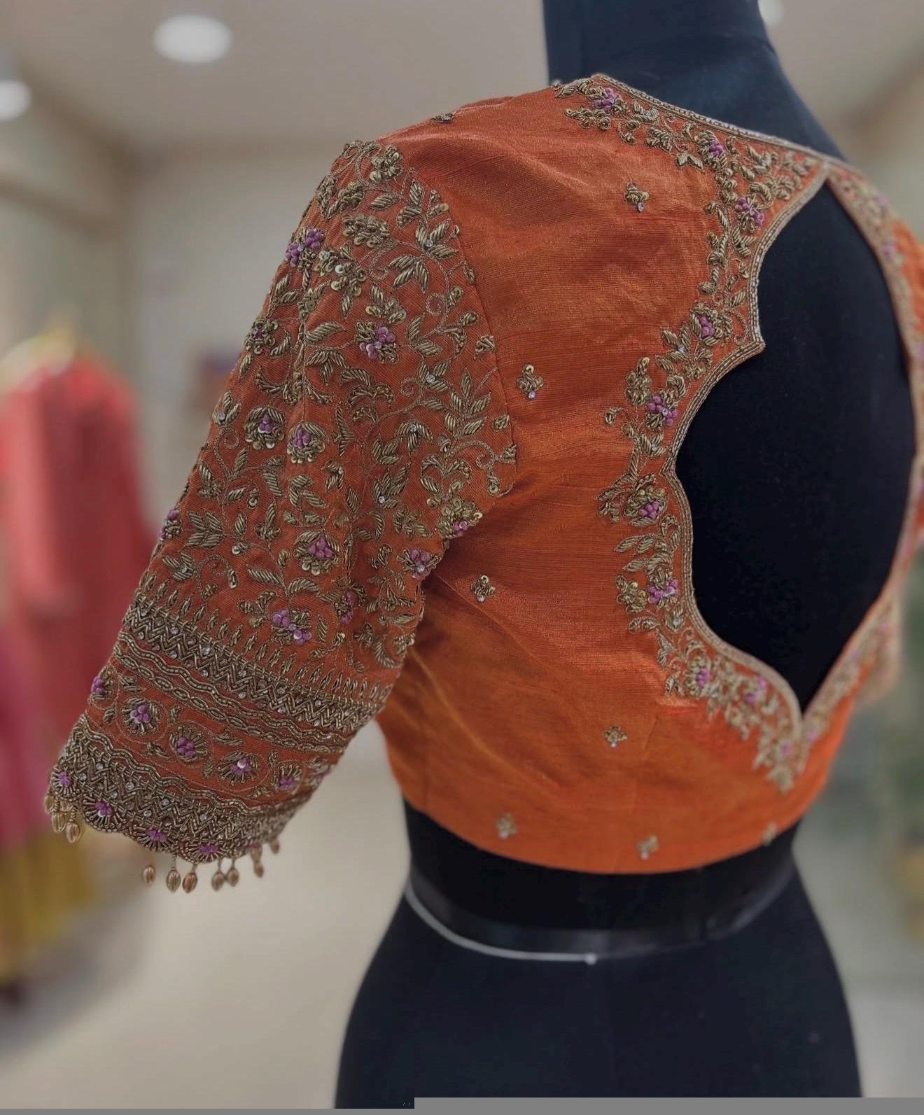 Orange Raw Silk Saree Blouse: Hand Embroidered Zardosi Maggam, orange tissue blouse,orange mix and match blouse,plus size blouse,hand work