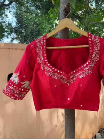 Hand Embroidered Zardosi Blouse: Dark Red Silk Maggam Saree Blouse,red saree blouse,mirror work blouse,handwork blouse,plus size blouse