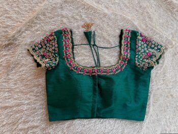 pure silk hand embroidery blouse/short sleeve maggam blouse/raw silk zardosi blouse/hand embroidered blouse/green ready made blouse zardosi