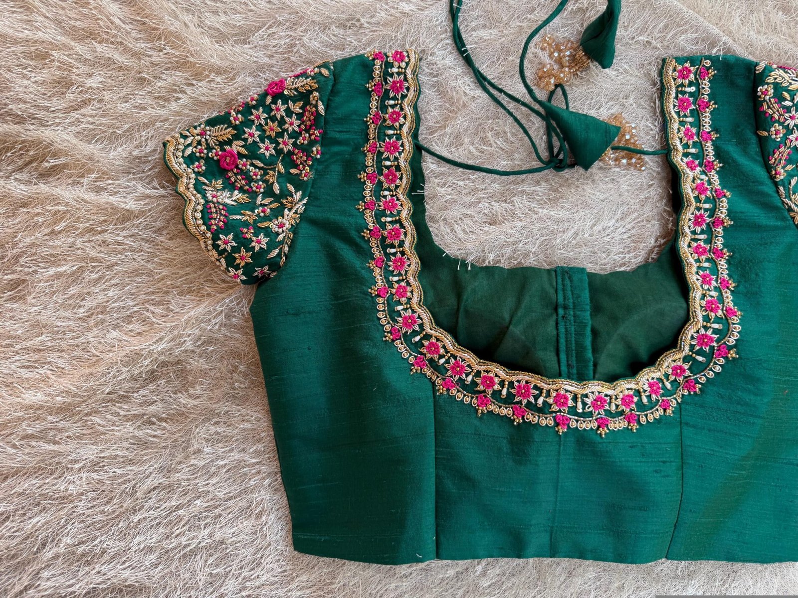 pure silk hand embroidery blouse/short sleeve maggam blouse/raw silk zardosi blouse/hand embroidered blouse/green ready made blouse zardosi