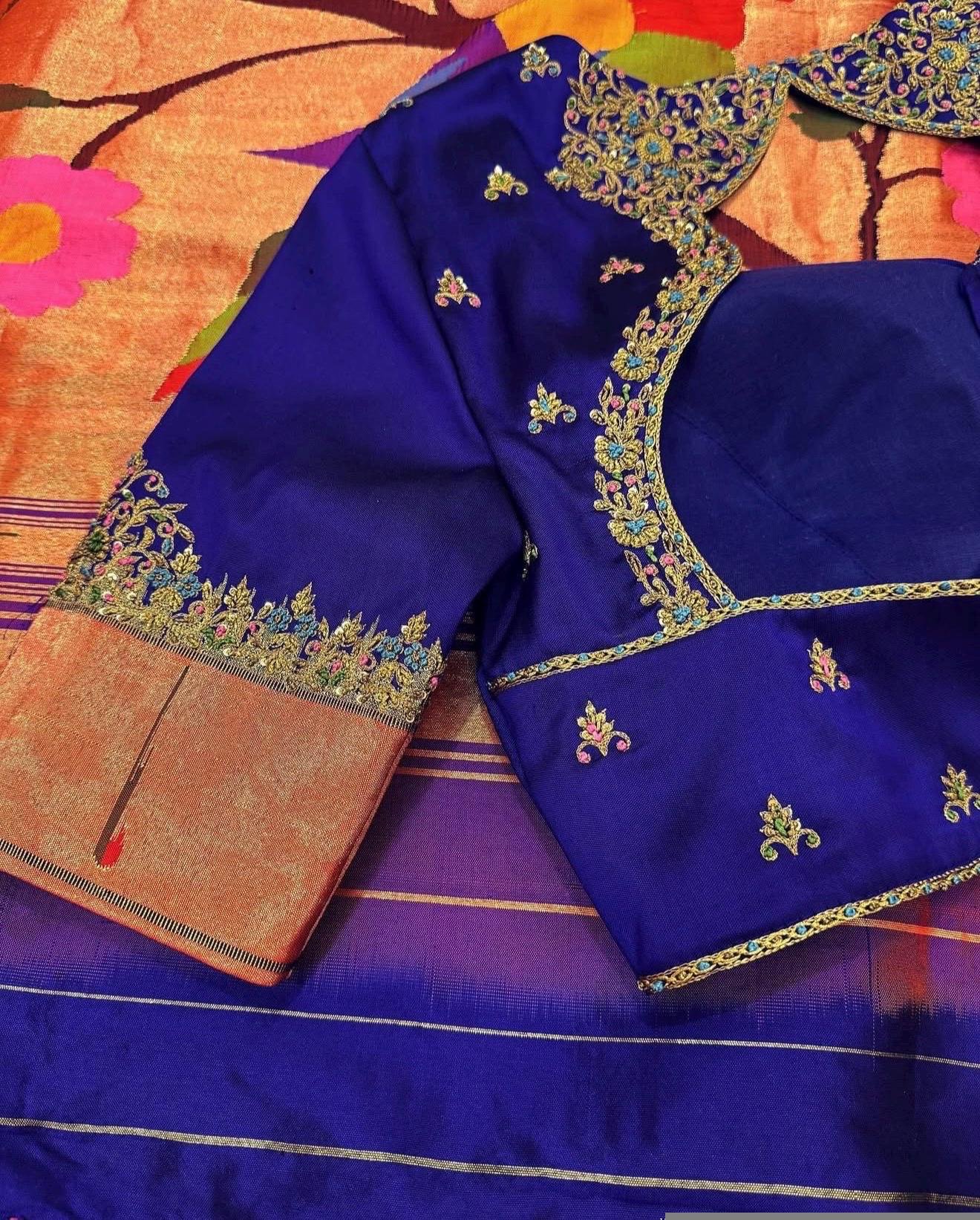 Navy blue silk hand embroidery blouse/blue saree maggam work blouse/paithani blouse/plus size hand embroidered blouse/blue paithani blouse