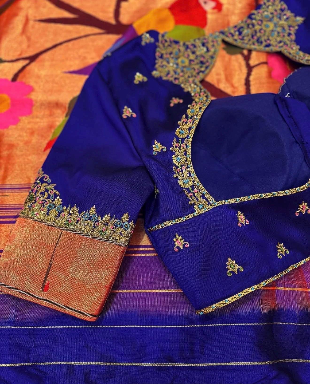 Navy blue silk hand embroidery blouse/blue saree maggam work blouse/paithani blouse/plus size hand embroidered blouse/blue paithani blouse