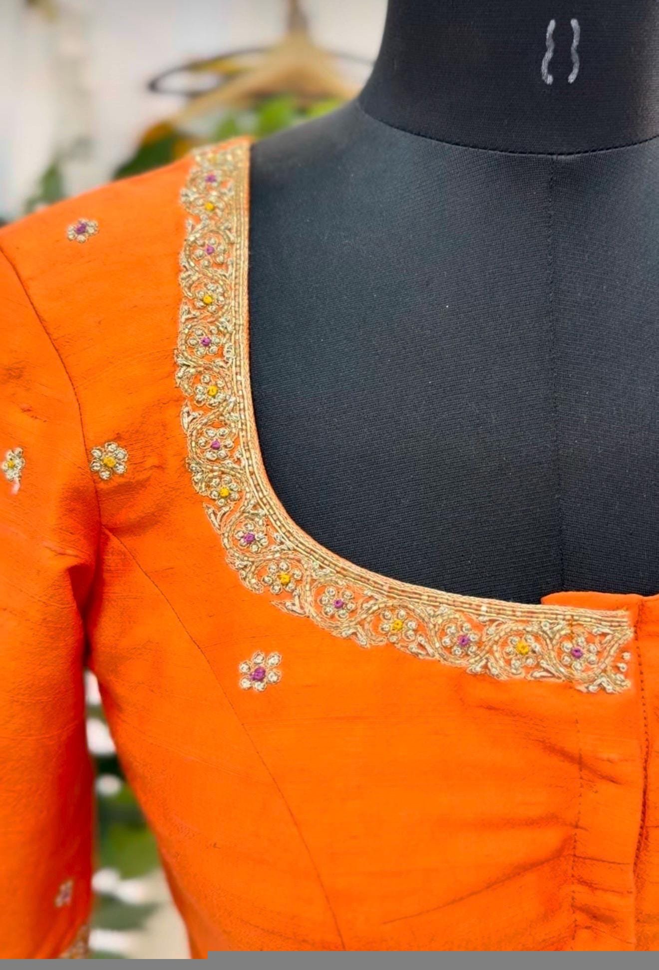 pure silk hand embroidery blouse/orange saree maggam blouse/raw silk zardosi blouse/hand embroidered blouse/ready made blouse/orange blouse