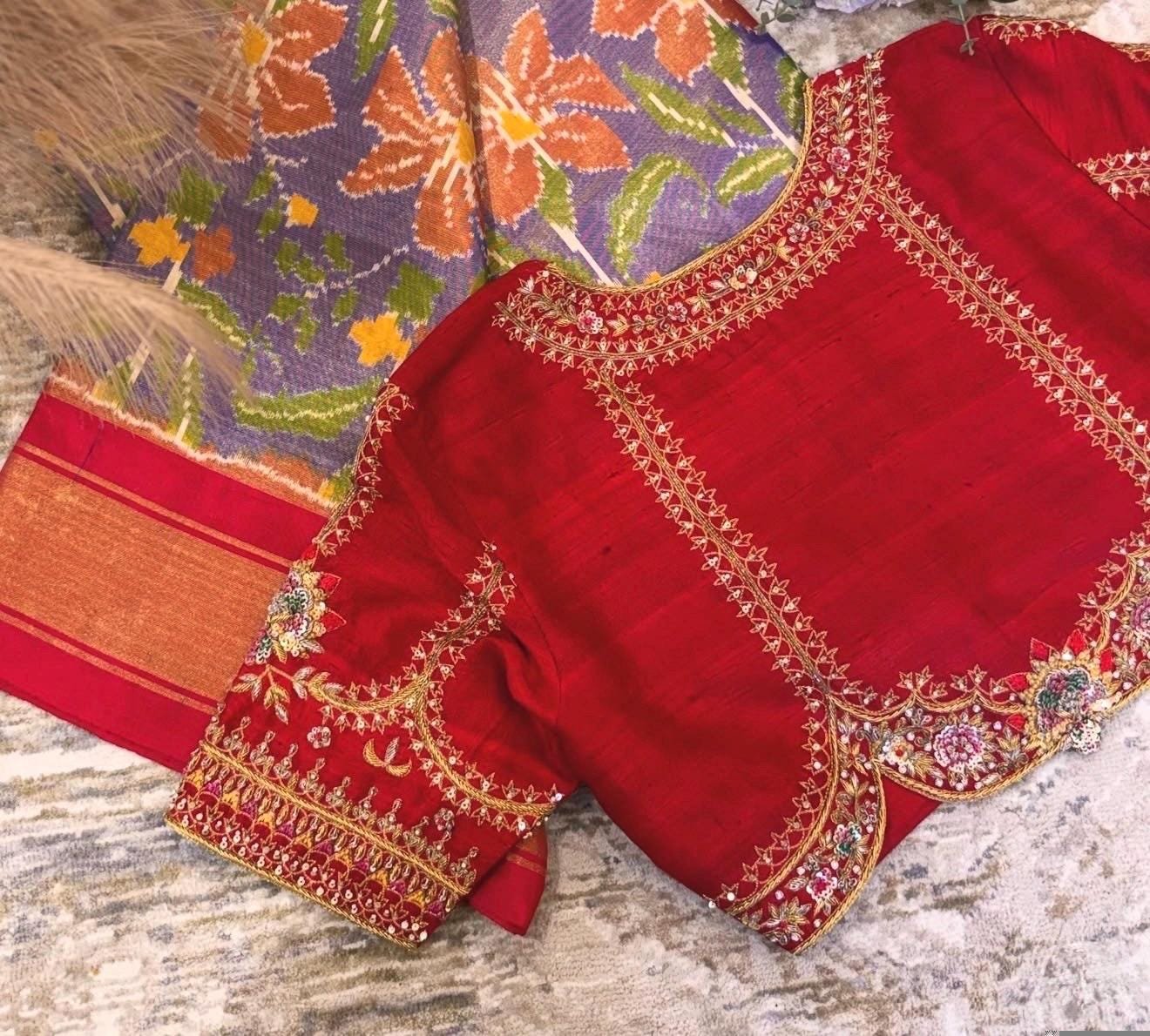 Hand Embroidered Zardosi Silk Blouse,red Maggam Work, Multicolor hand Embroidery blouse,patola blouse,plus size blouses,red hand workblouse