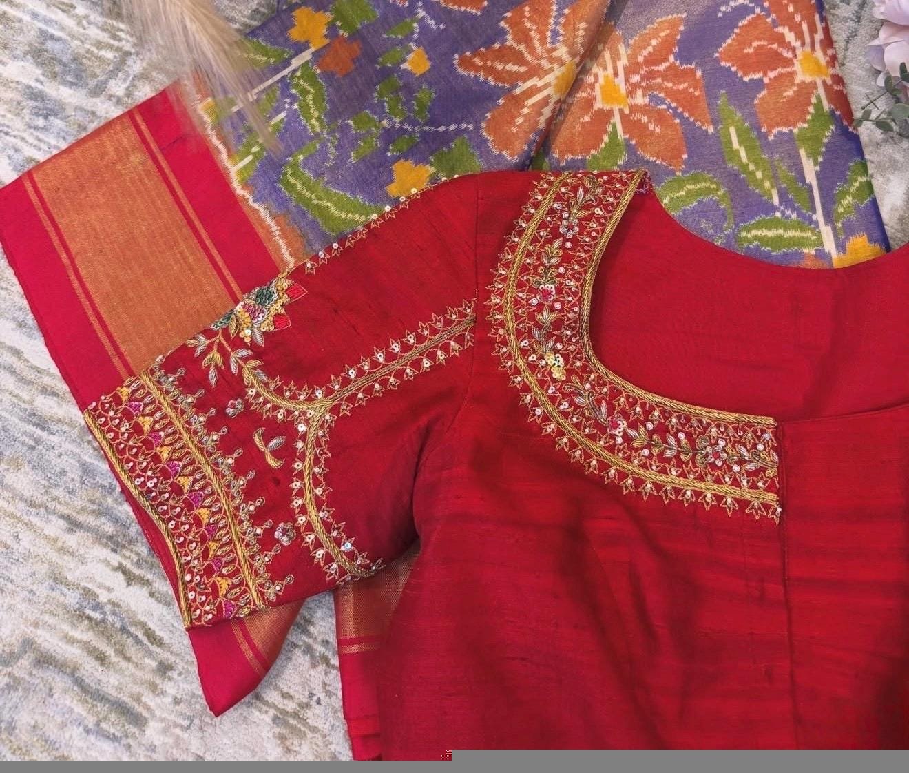 Hand Embroidered Zardosi Silk Blouse,red Maggam Work, Multicolor hand Embroidery blouse,patola blouse,plus size blouses,red hand workblouse