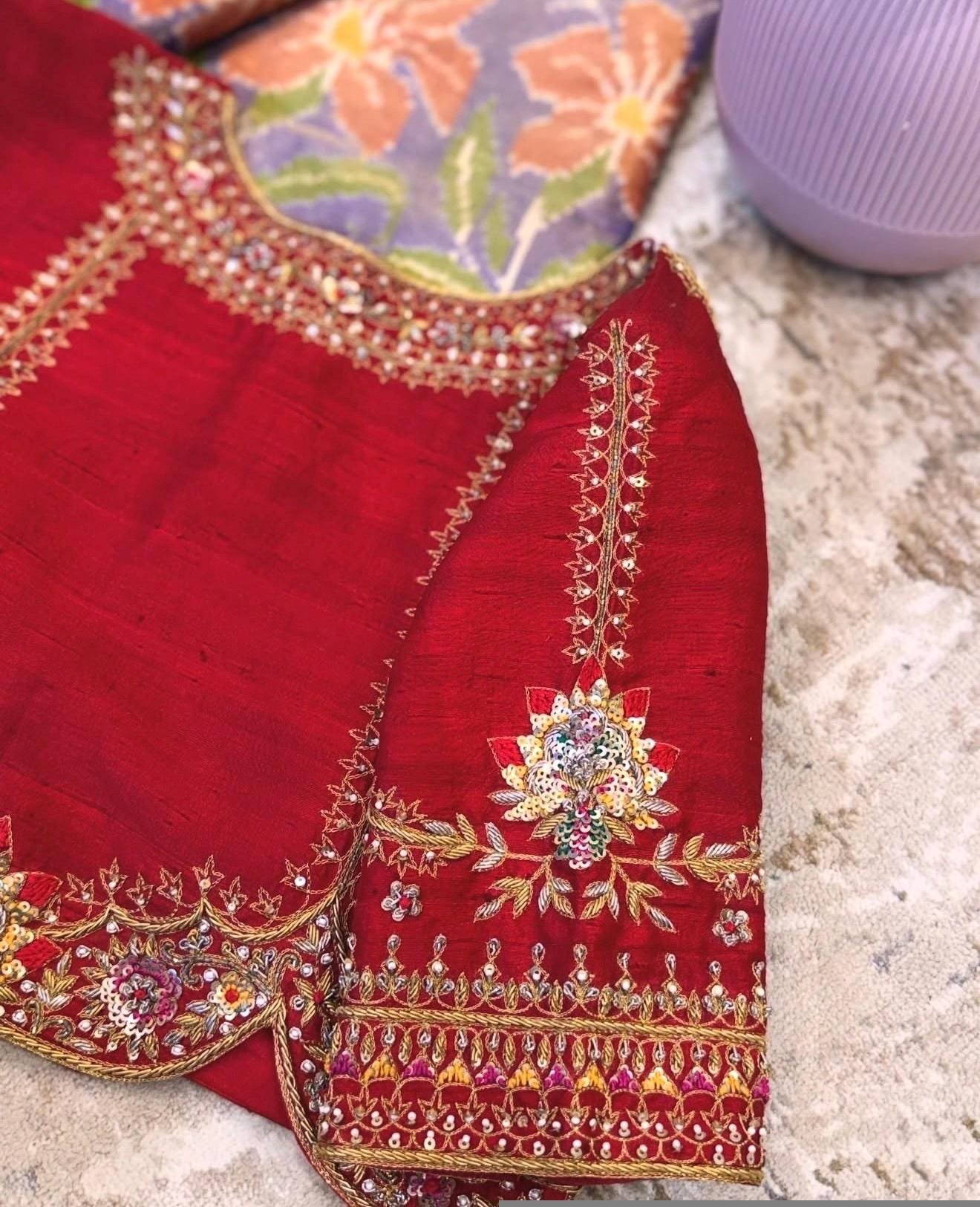Hand Embroidered Zardosi Silk Blouse,red Maggam Work, Multicolor hand Embroidery blouse,patola blouse,plus size blouses,red hand workblouse
