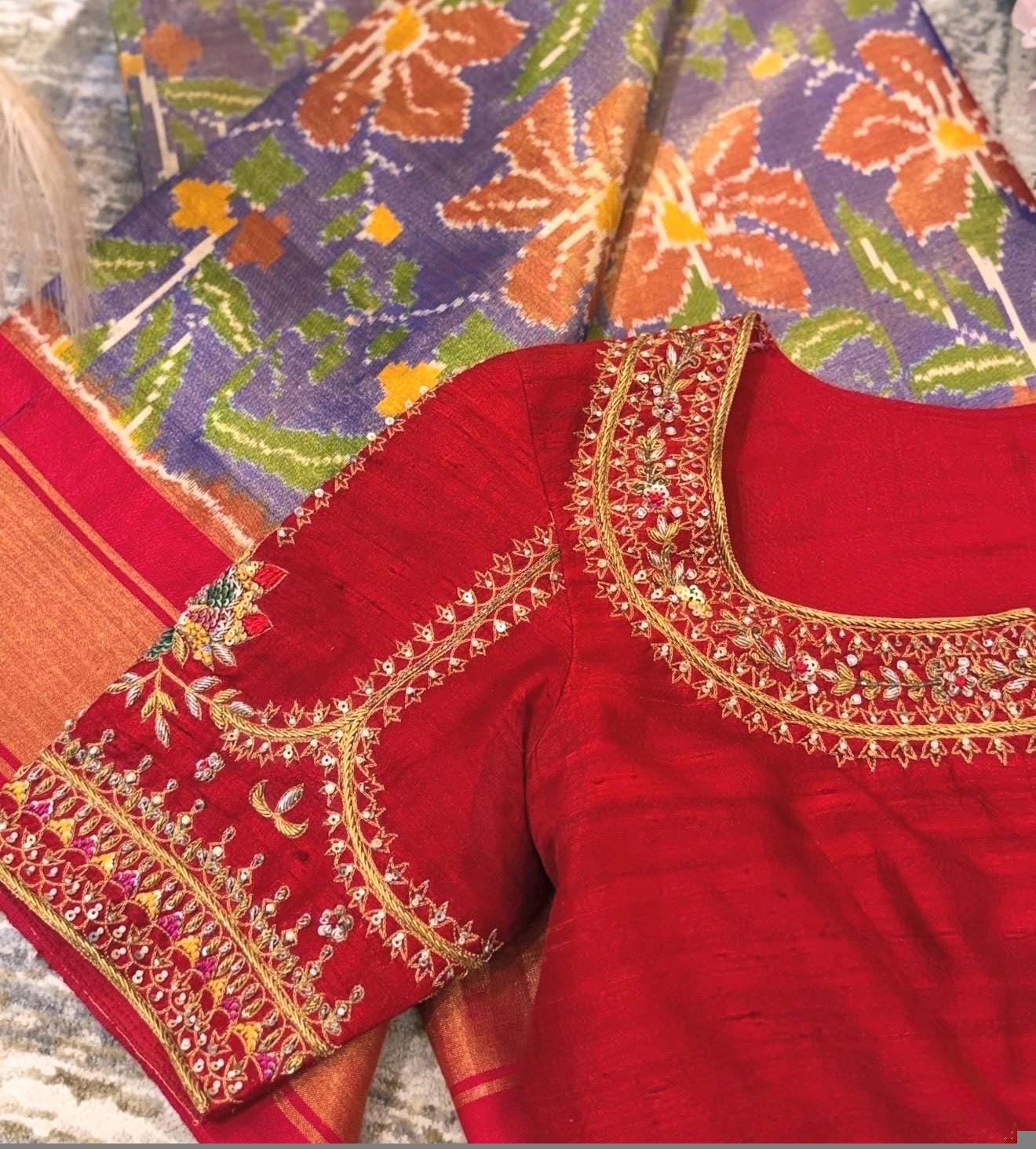 Hand Embroidered Zardosi Silk Blouse,red Maggam Work, Multicolor hand Embroidery blouse,patola blouse,plus size blouses,red hand workblouse