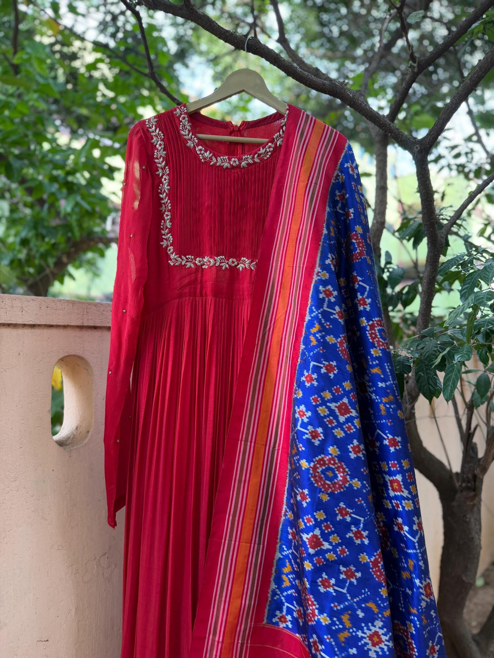 Hand embroidered Anarkali with pure handloom ikkat dupatta/anarkali suit set/anarkali with pochampally dupatta/Indian dresses/ikkat dupatta