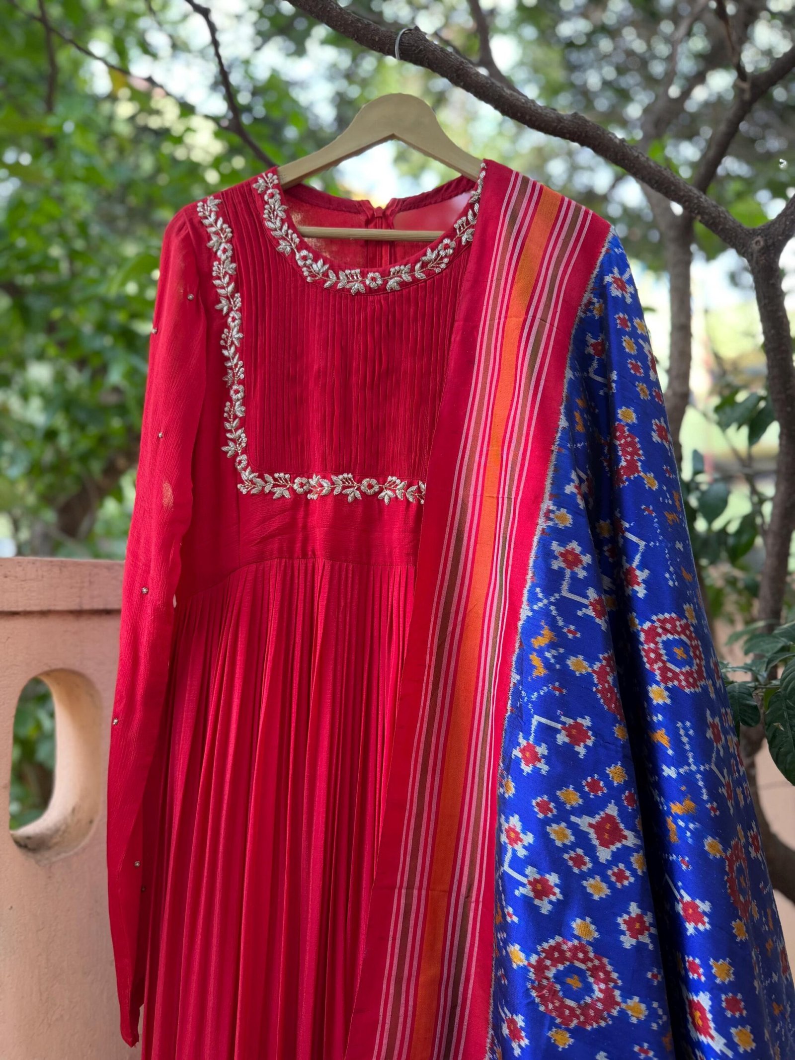 Hand embroidered Anarkali with pure handloom ikkat dupatta/anarkali suit set/anarkali with pochampally dupatta/Indian dresses/ikkat dupatta