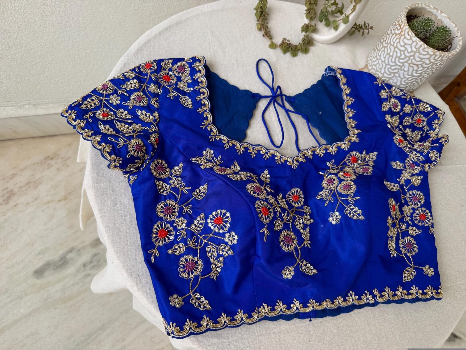 pure silk hand embroidery blouse/maggam blouse/blue raw silk zardosi blouse/hand embroidered blouse/roya blue short sleeve ready made blouse