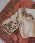 Hand Embroidered Zardosi Silk Blouse: Cream Maggam Work, Elbow Sleeves,cream saree blouse,patola blouse,mix and match blouse,plus size blous