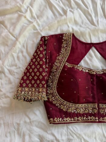 Hand Embroidered Zardosi Silk Blouse/Maroon Red Maggam Saree Blouse/red bridal blouse/burgundy blouse,kundan work blouse,mix and match blous