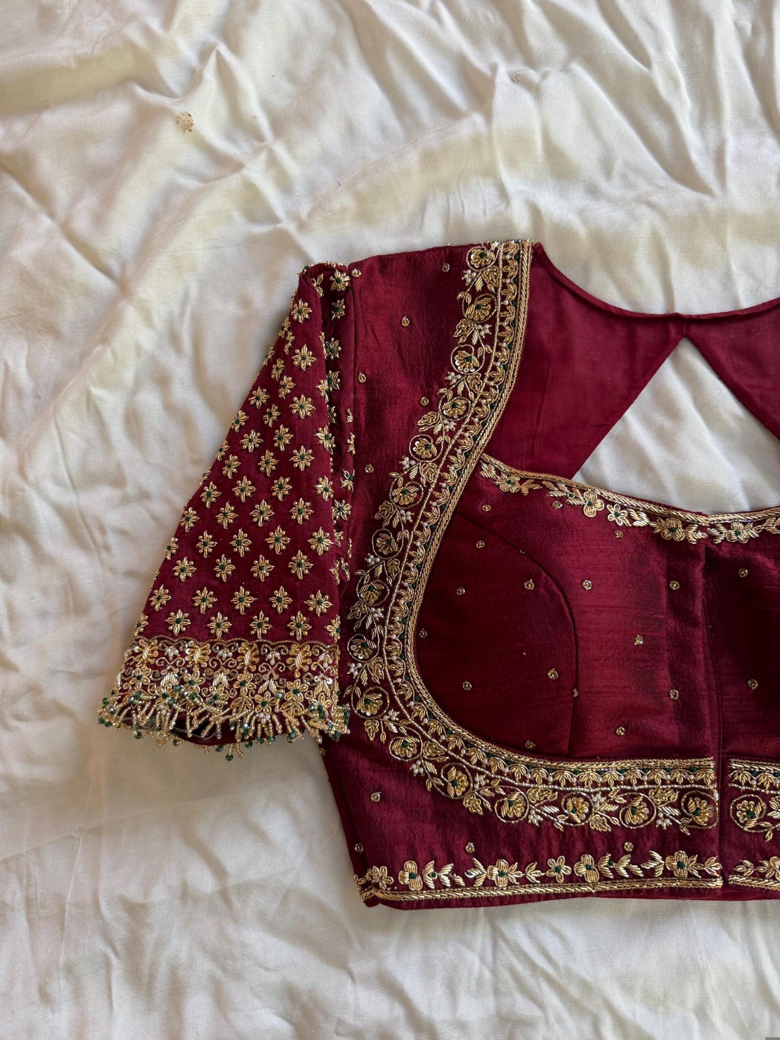 Hand Embroidered Zardosi Silk Blouse/Maroon Red Maggam Saree Blouse/red bridal blouse/burgundy blouse,kundan work blouse,mix and match blous