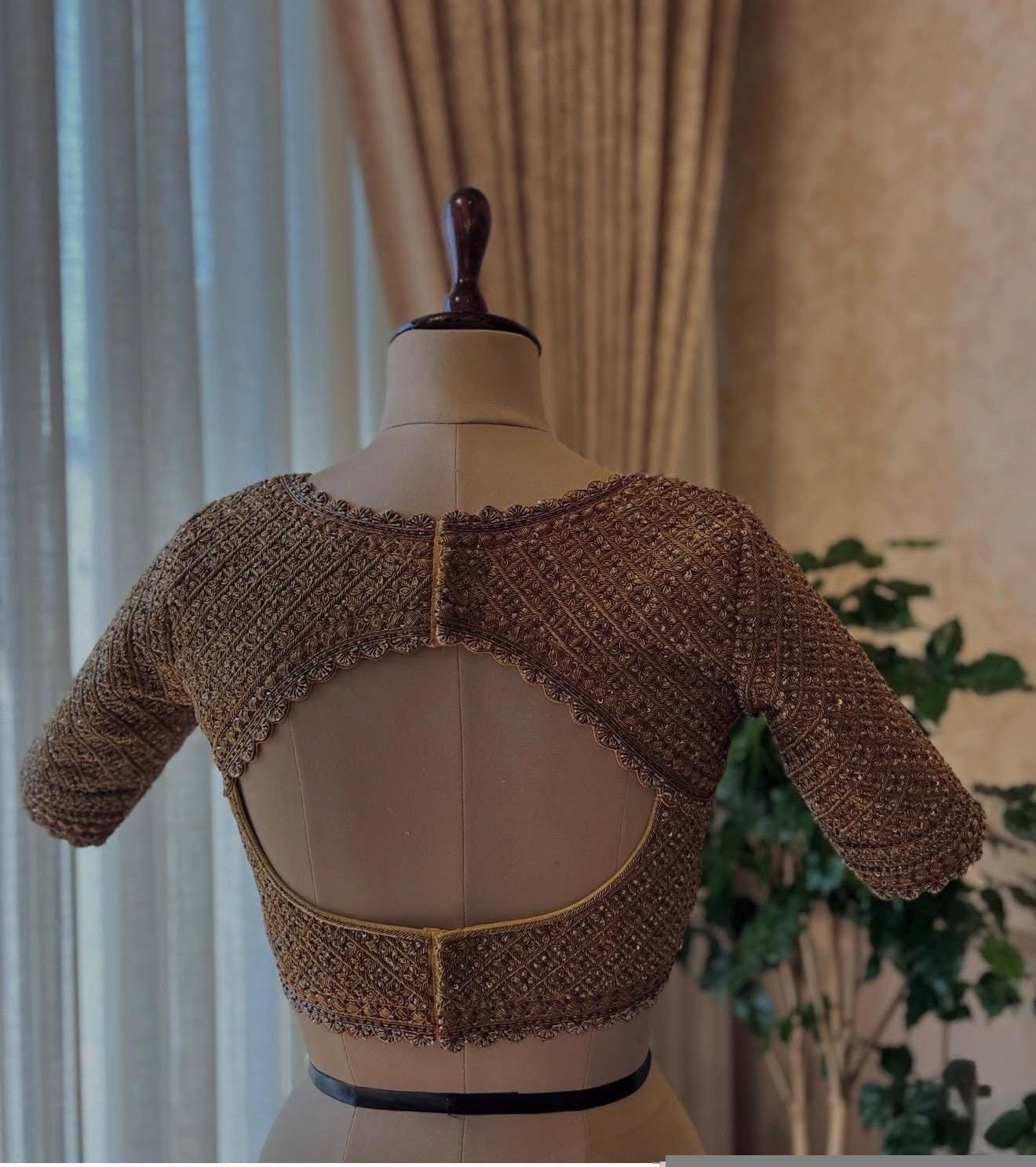 pure silk hand embroidery wedding blouse/saree maggam blouse/beige zardosi blouse/golden bridal blouse /ready made hand embroidered blouse