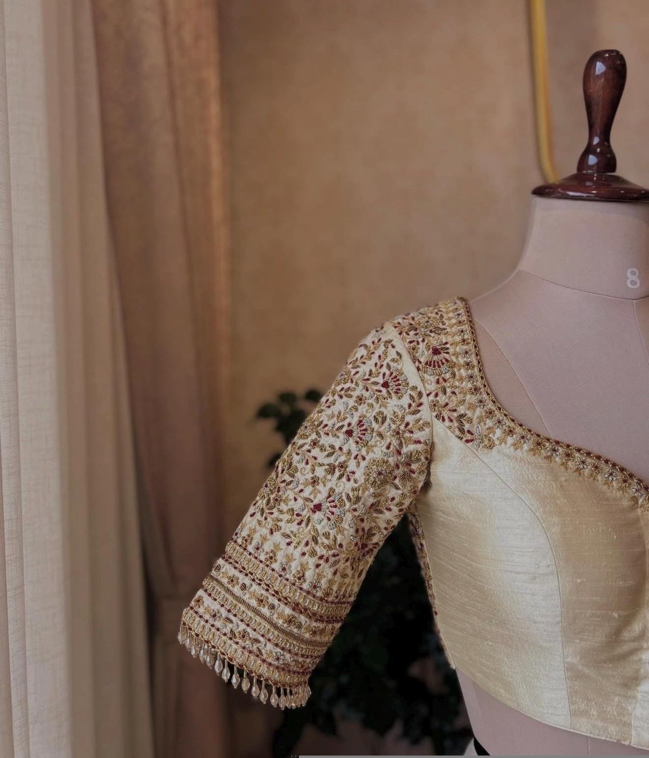 pure silk hand embroidery wedding blouse/saree maggam blouse/beige zardosi blouse/golden bridal blouse /ready made hand embroidered blouse