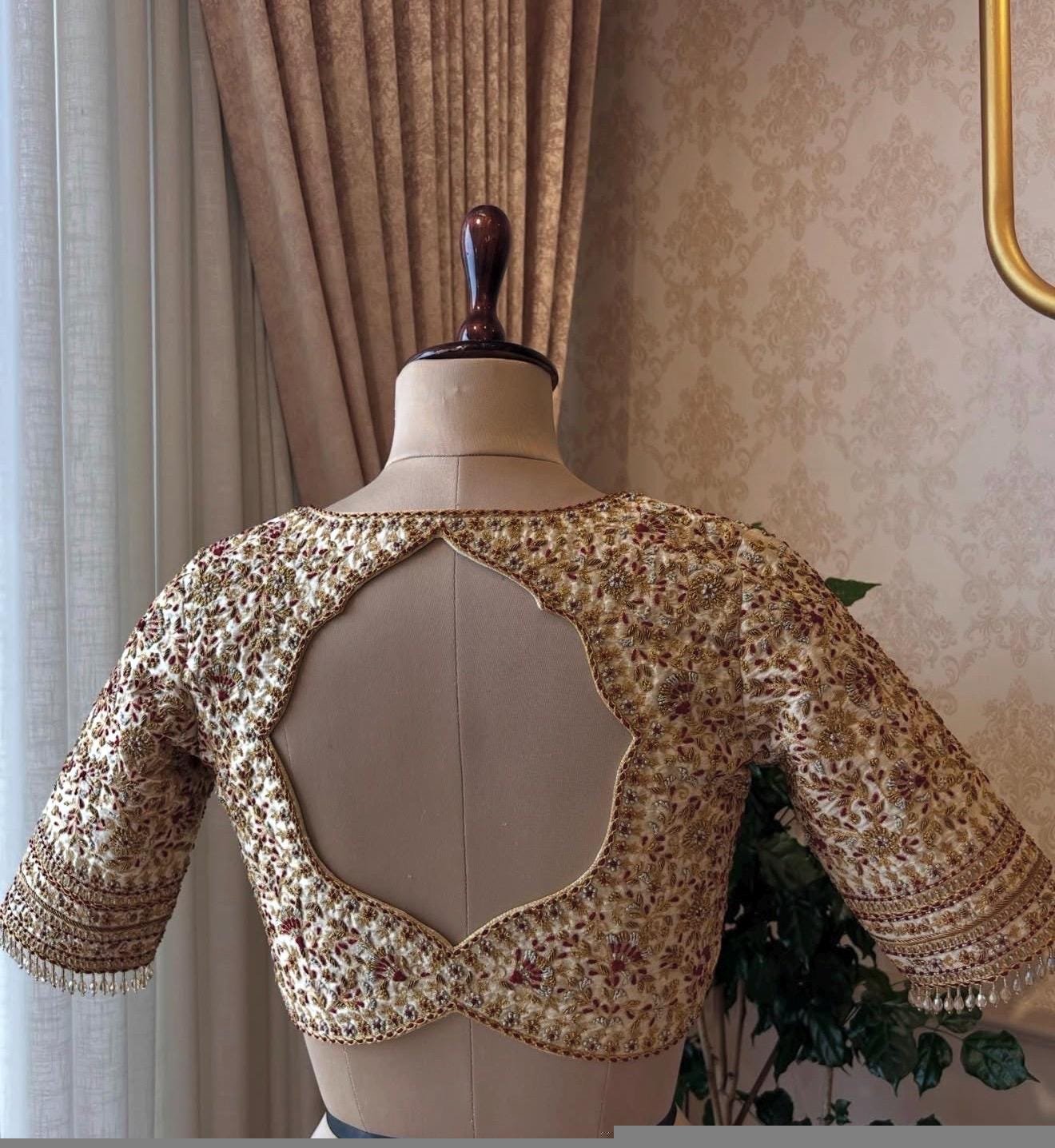 pure silk hand embroidery wedding blouse/saree maggam blouse/beige zardosi blouse/golden bridal blouse /ready made hand embroidered blouse