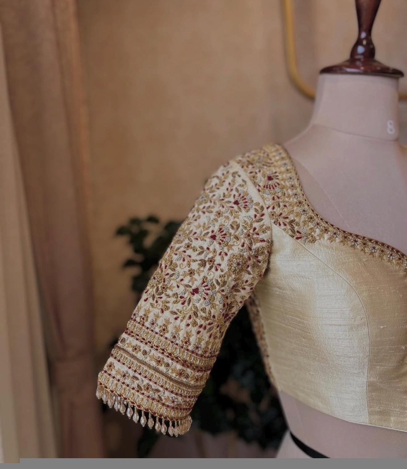 pure silk hand embroidery wedding blouse/saree maggam blouse/beige zardosi blouse/golden bridal blouse /ready made hand embroidered blouse