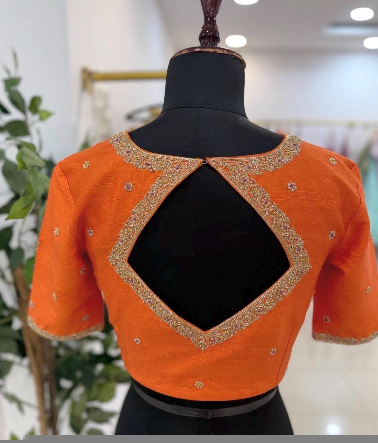 pure silk hand embroidery blouse/orange saree maggam blouse/raw silk zardosi blouse/hand embroidered blouse/ready made blouse/orange blouse