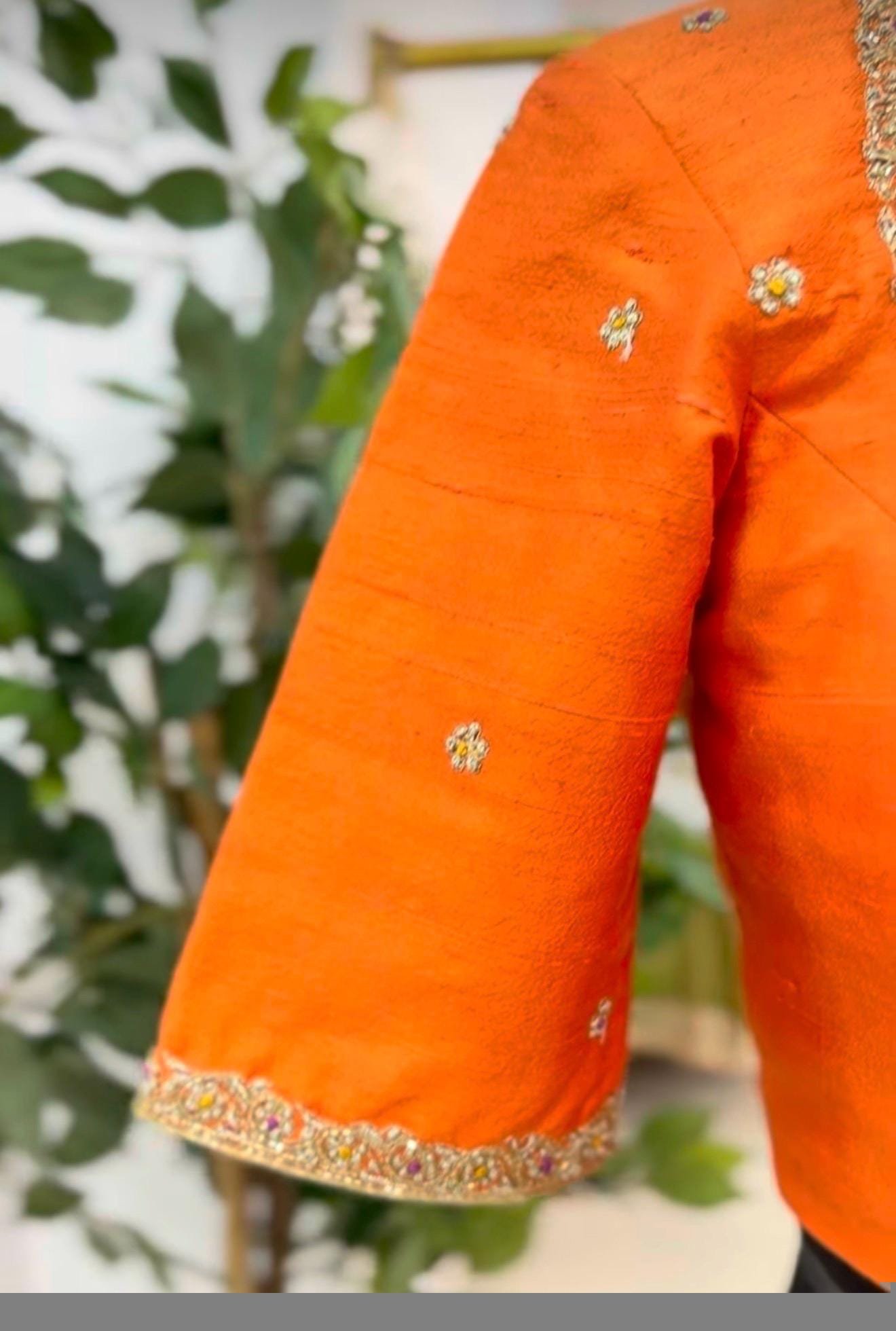 pure silk hand embroidery blouse/orange saree maggam blouse/raw silk zardosi blouse/hand embroidered blouse/ready made blouse/orange blouse