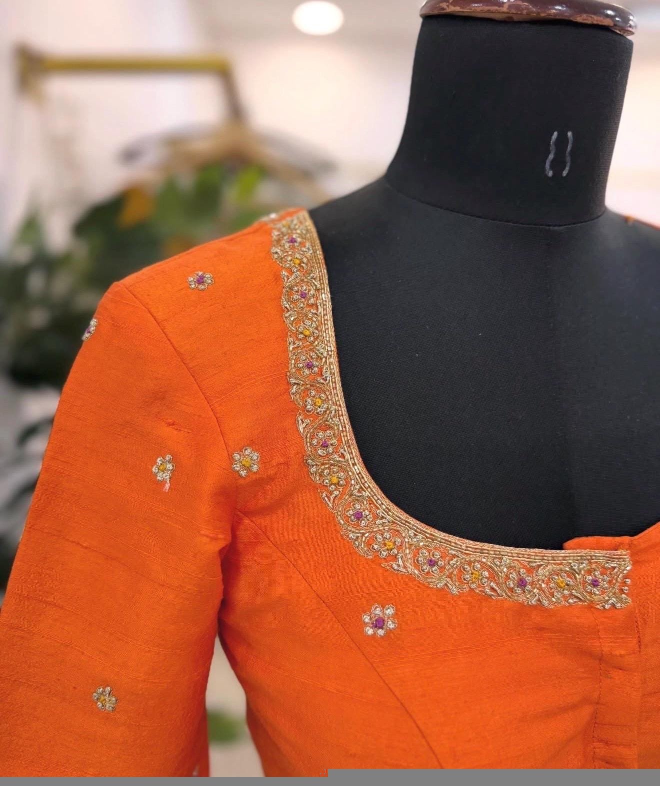pure silk hand embroidery blouse/orange saree maggam blouse/raw silk zardosi blouse/hand embroidered blouse/ready made blouse/orange blouse