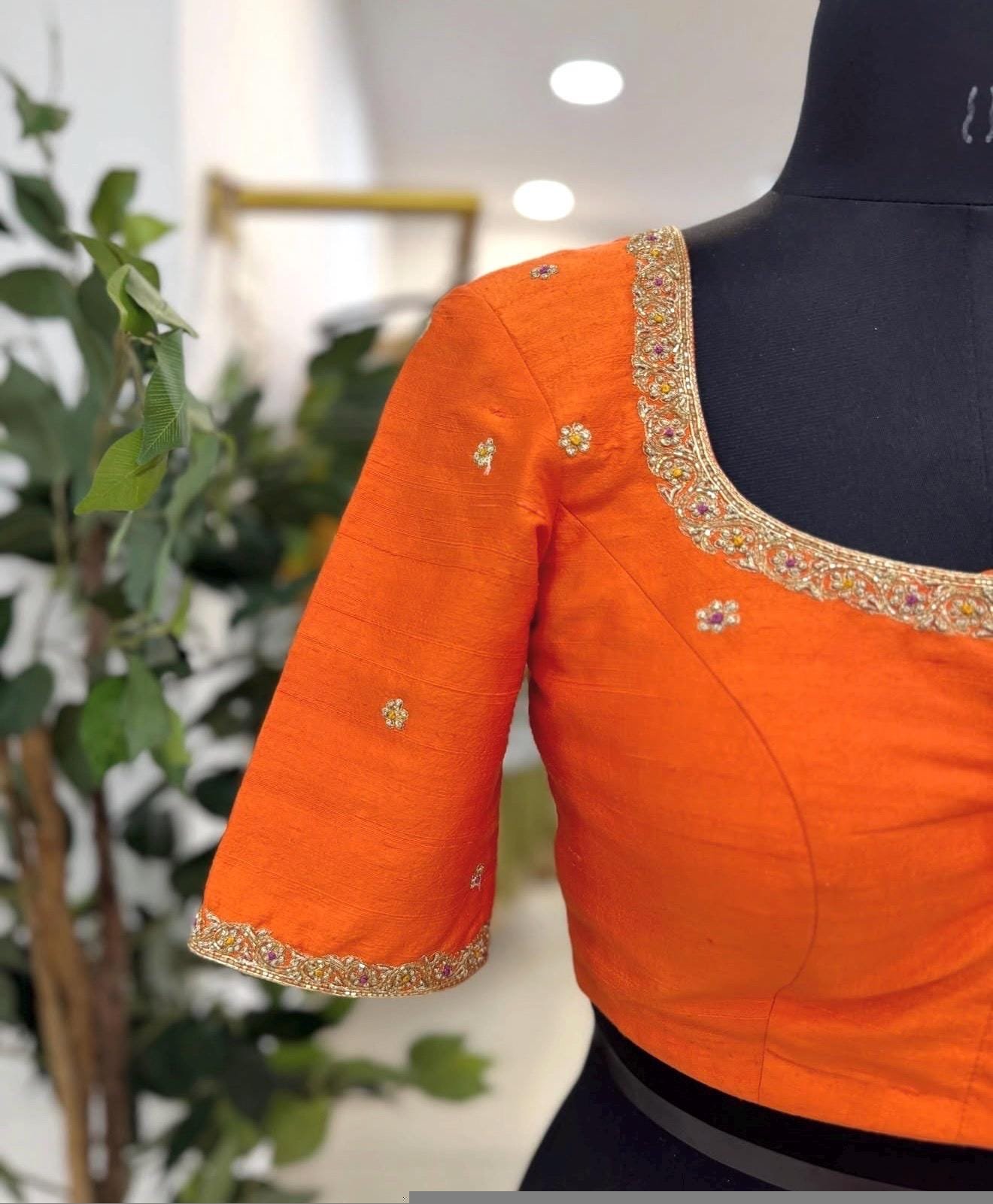 pure silk hand embroidery blouse/orange saree maggam blouse/raw silk zardosi blouse/hand embroidered blouse/ready made blouse/orange blouse