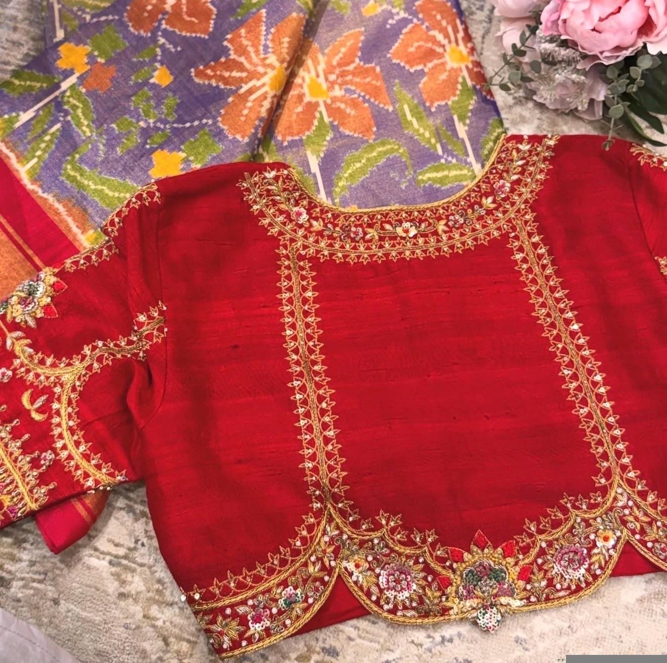 Hand Embroidered Zardosi Silk Blouse,red Maggam Work, Multicolor hand Embroidery blouse,patola blouse,plus size blouses,red hand workblouse