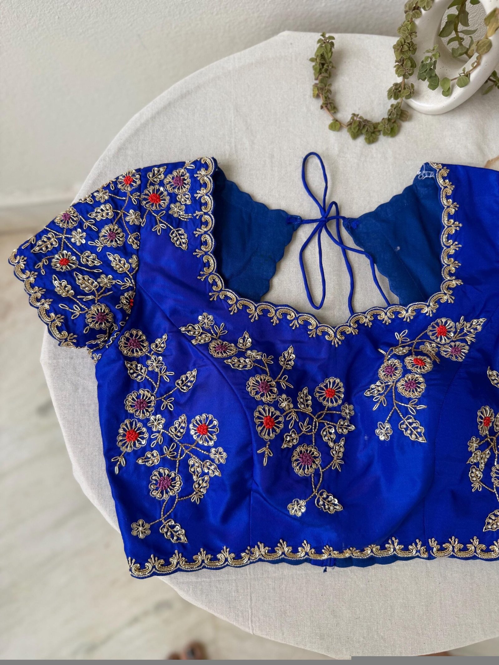 pure silk hand embroidery blouse/maggam blouse/blue raw silk zardosi blouse/hand embroidered blouse/roya blue short sleeve ready made blouse