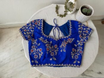 pure silk hand embroidery blouse/maggam blouse/blue raw silk zardosi blouse/hand embroidered blouse/roya blue short sleeve ready made blouse