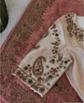 Hand Embroidered Zardosi Silk Blouse: Cream Maggam Work, Elbow Sleeves,cream saree blouse,patola blouse,mix and match blouse,plus size blous