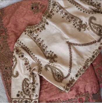 Hand Embroidered Zardosi Silk Blouse: Cream Maggam Work, Elbow Sleeves,cream saree blouse,patola blouse,mix and match blouse,plus size blous