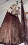 Sequin Embroidered Lehenga Set: Brown Silk Crop Top Skirt,brown lehenga set,crop top lehenga,lehenga with dupatta,handwork teens lehenga usa