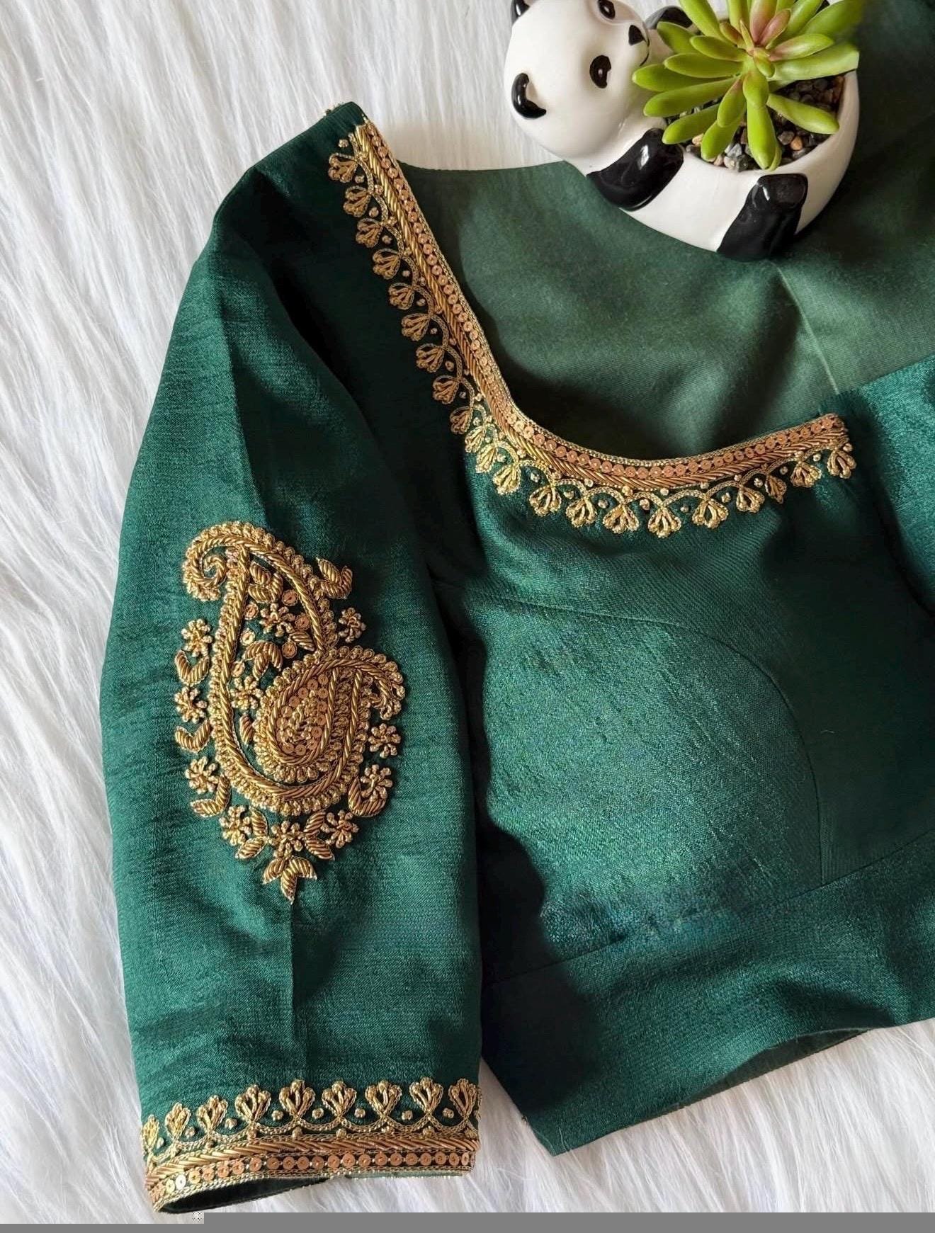 pure silk hand embroidery blouse/saree maggam blouse/green zardosi blouse/hand embroidered blouse/dark green ready made blouse zardosi usa