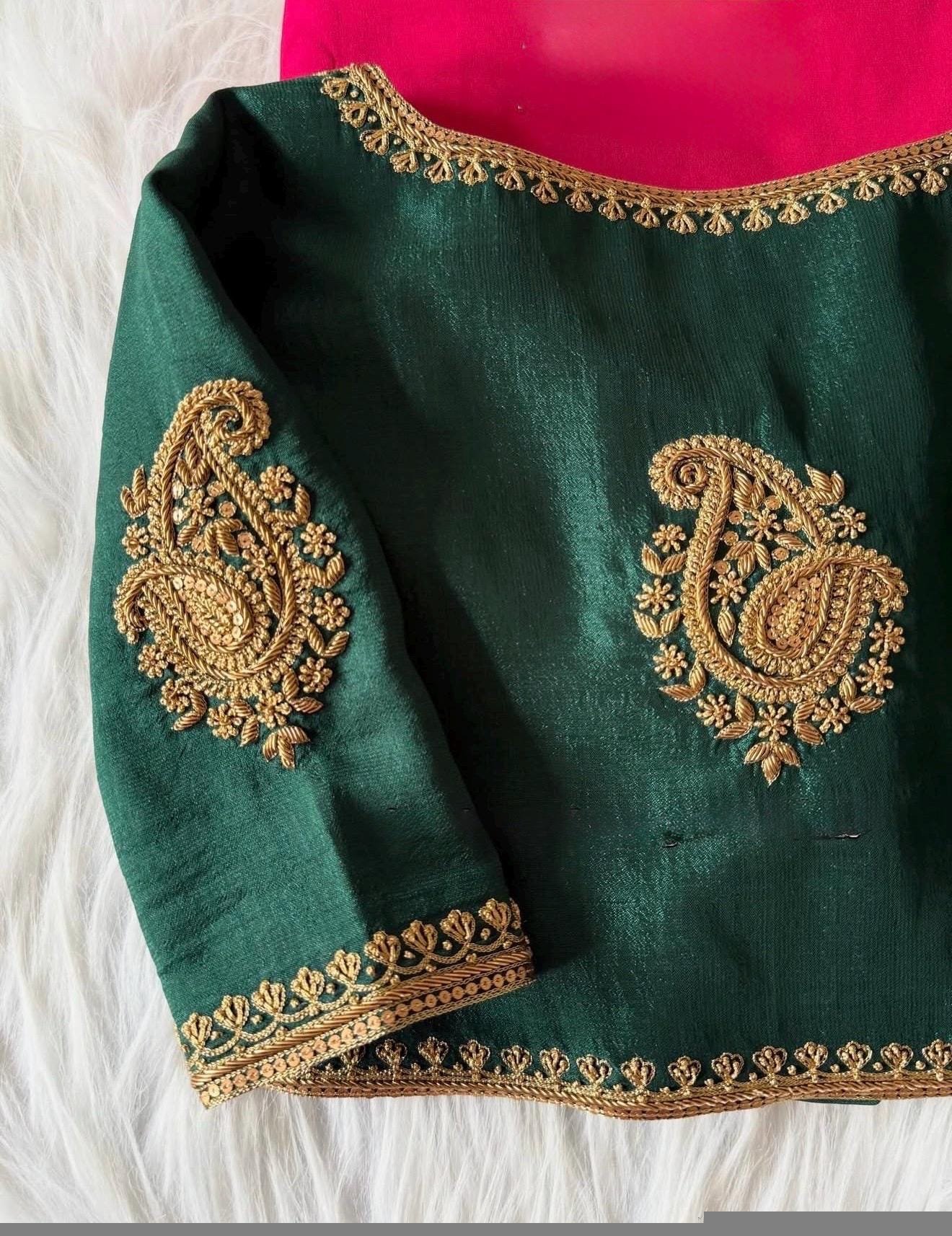 pure silk hand embroidery blouse/saree maggam blouse/green zardosi blouse/hand embroidered blouse/dark green ready made blouse zardosi usa