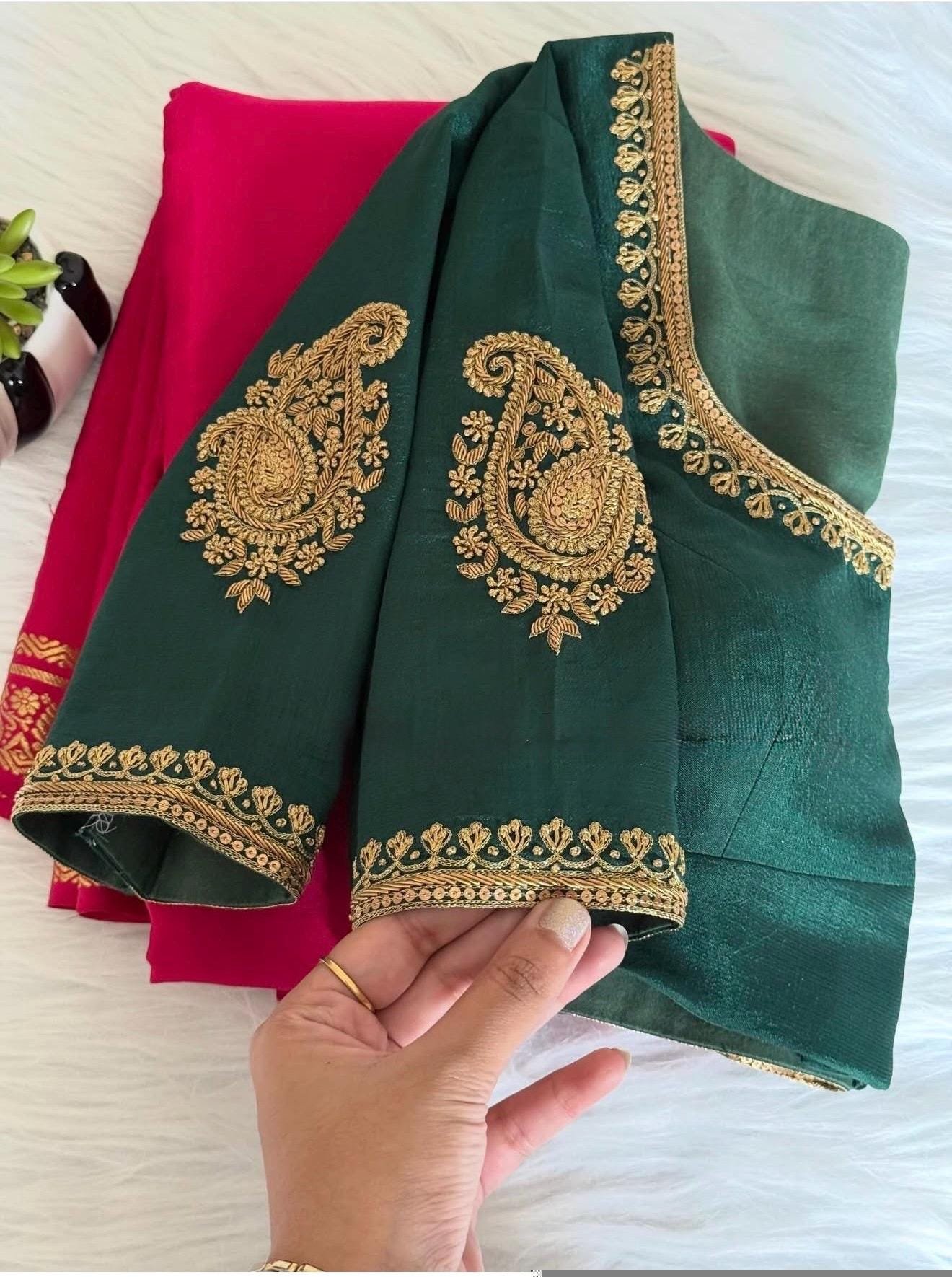 pure silk hand embroidery blouse/saree maggam blouse/green zardosi blouse/hand embroidered blouse/dark green ready made blouse zardosi usa