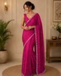 Pink Satin Silk Saree: Hand Embroidered Blouse, Sleeveless Designer Sari