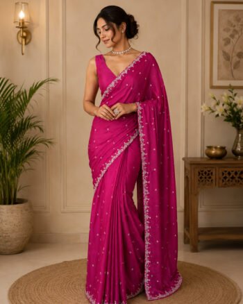 Pink Satin Silk Saree: Hand Embroidered Blouse, Sleeveless Designer Sari