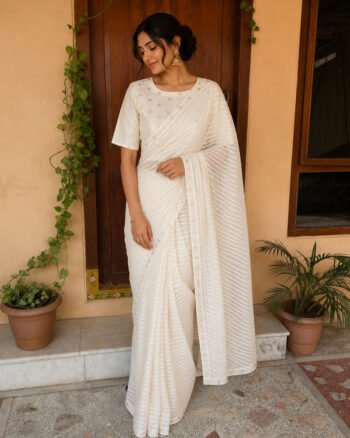 Pure Handloom cream chanderi saree with blouse/high neck readymade blouse/white stripes saree with stitched blouse/Onam saree/Kerala saree