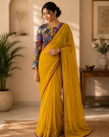 Kalamkari silk saree with hand Embroidered blouse | yellow embroidered saree with ready blouse| sarees USA | haldi outfit silk saree blouse