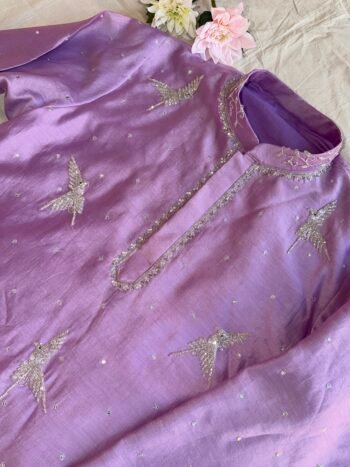Pure Silk Lavender Men's Kurta/ Men's Kurta Set/Hand Embroidered