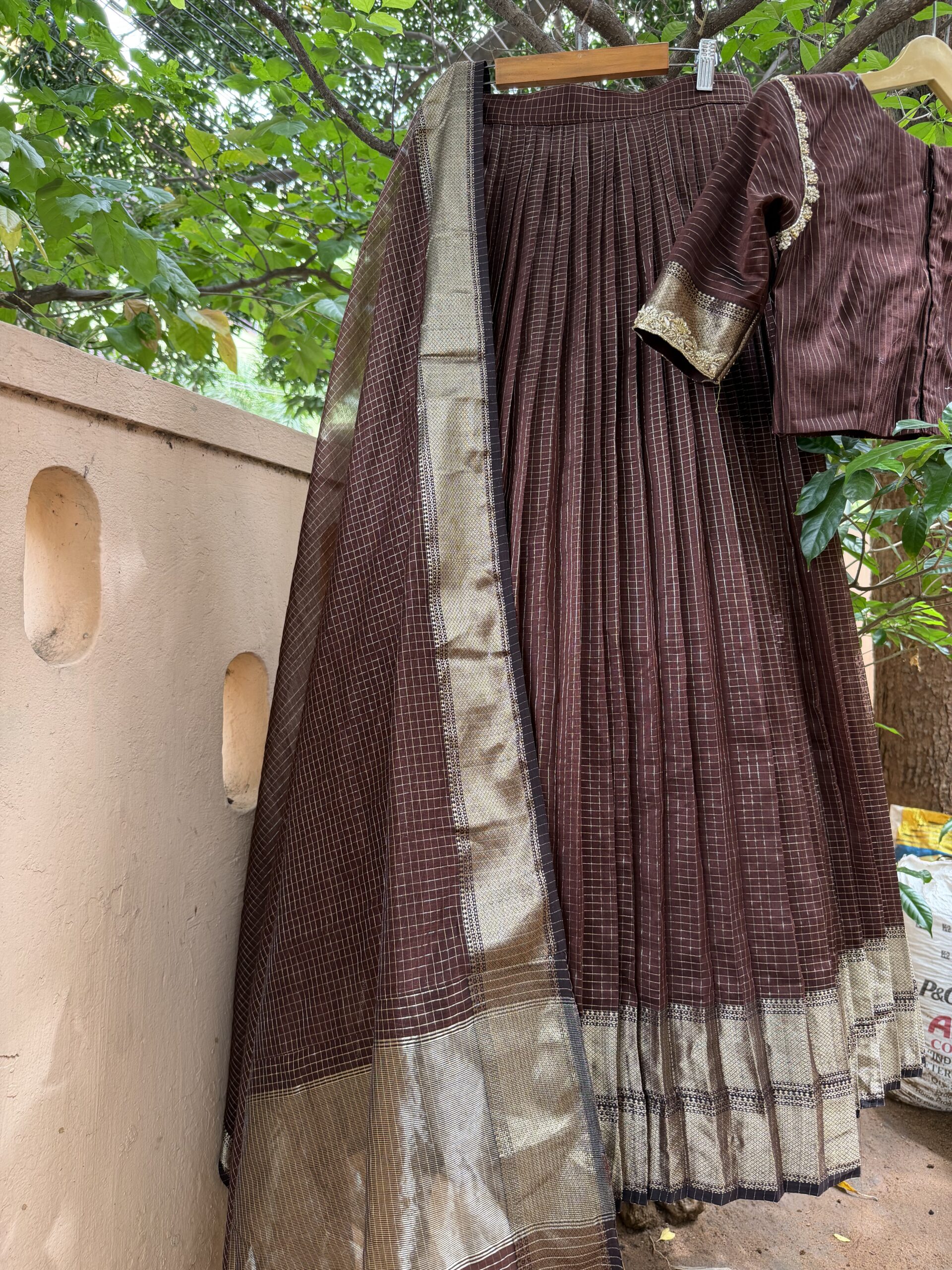 Brown Traditional Crop Top Lehenga Handloom /Vintage with Dupatta