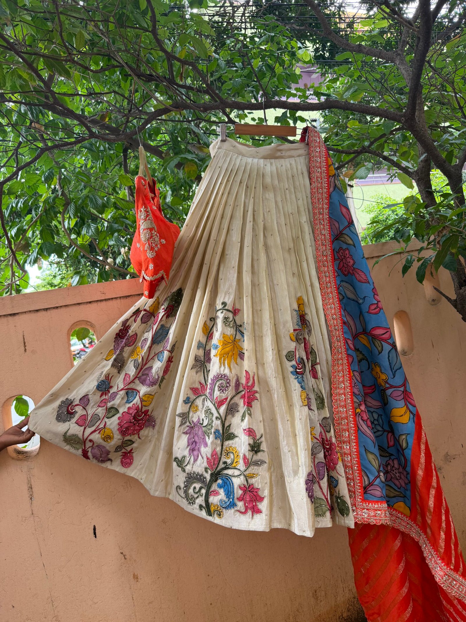 Hand Painting Kalamkari Lehenga & Hand Embroidery Blouse and Dupatta