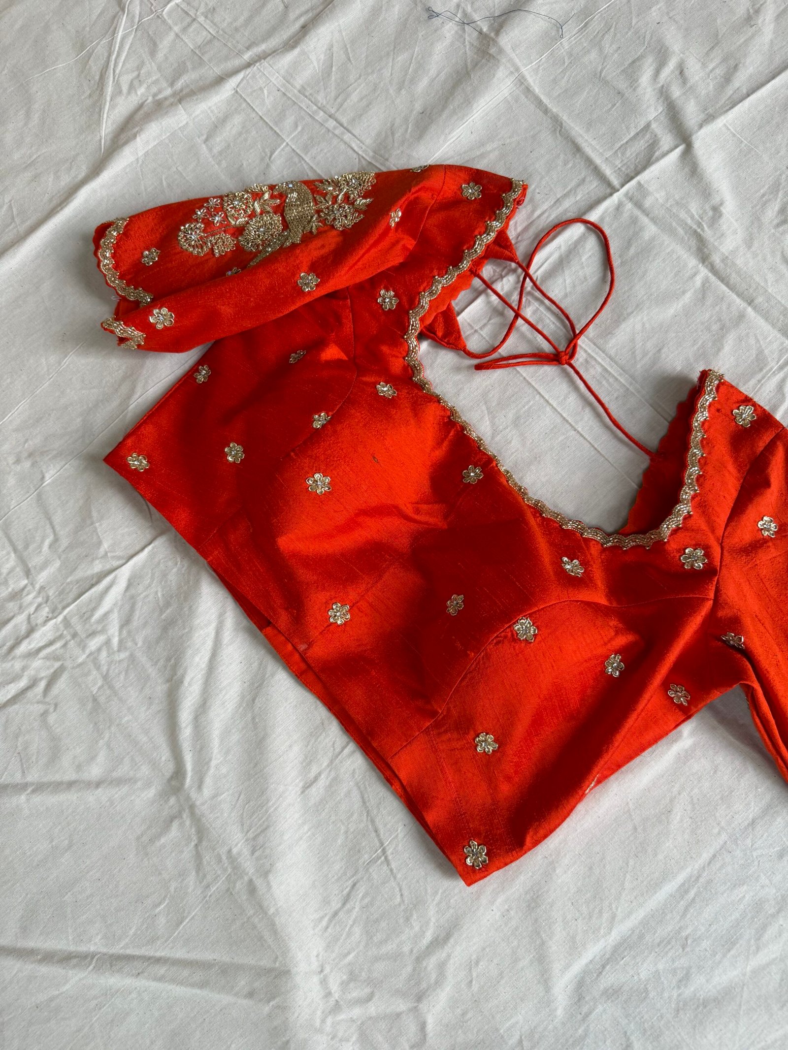 Raw Silk Orange Hand Embroidery Work Blouse