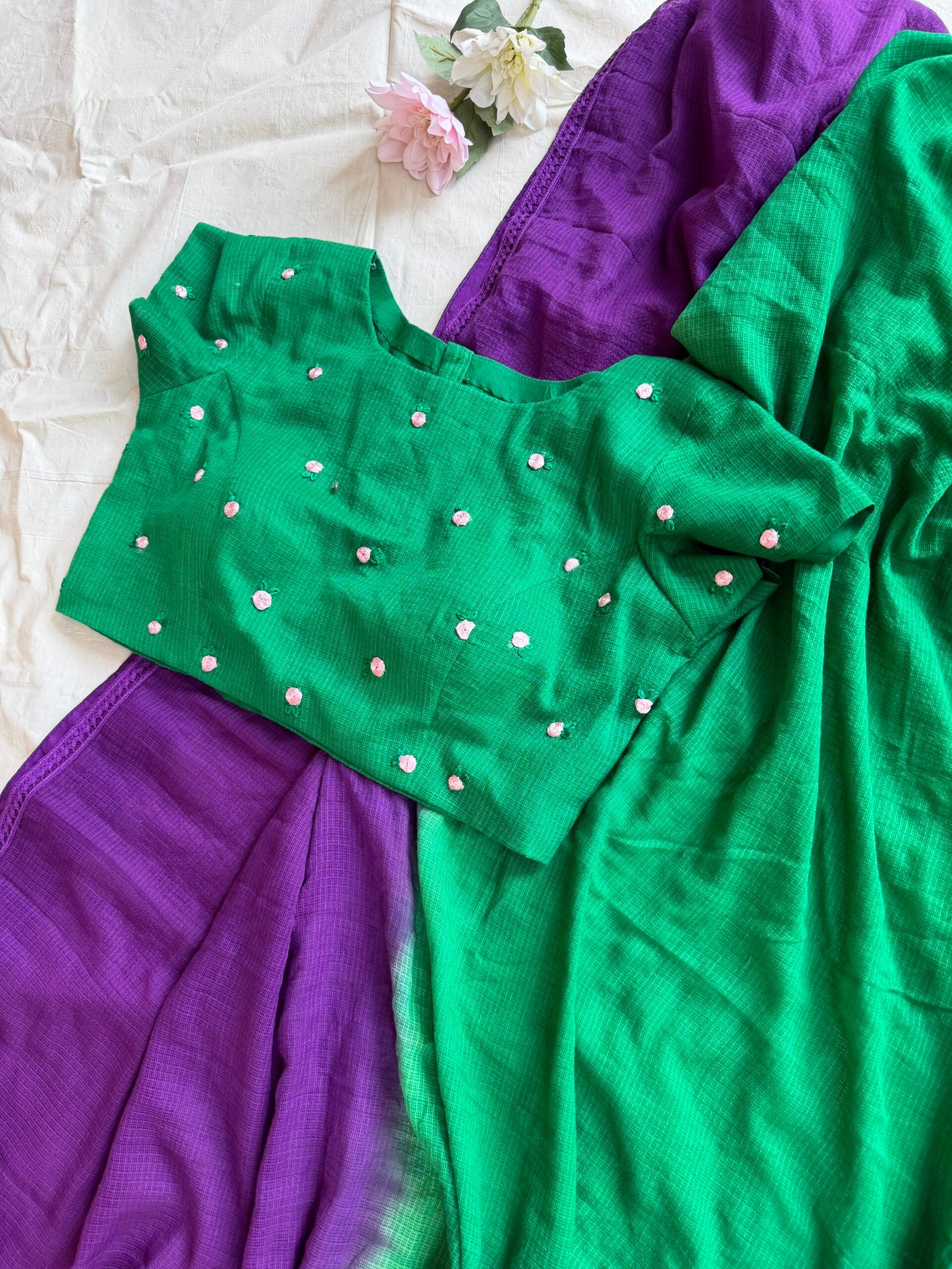Ombre Kota Cotton Saree Green Purple with Element Embroidered Blouse, and pink saree dual shade
