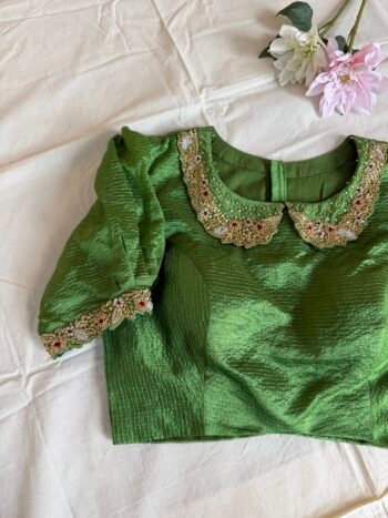 Hand Embroidered Zardosi Silk Blouse: Green Maggam Work