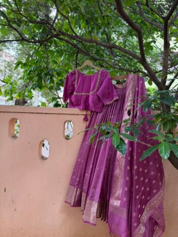 lavender soft silk lehenga Set, crop top half saree with dupatta